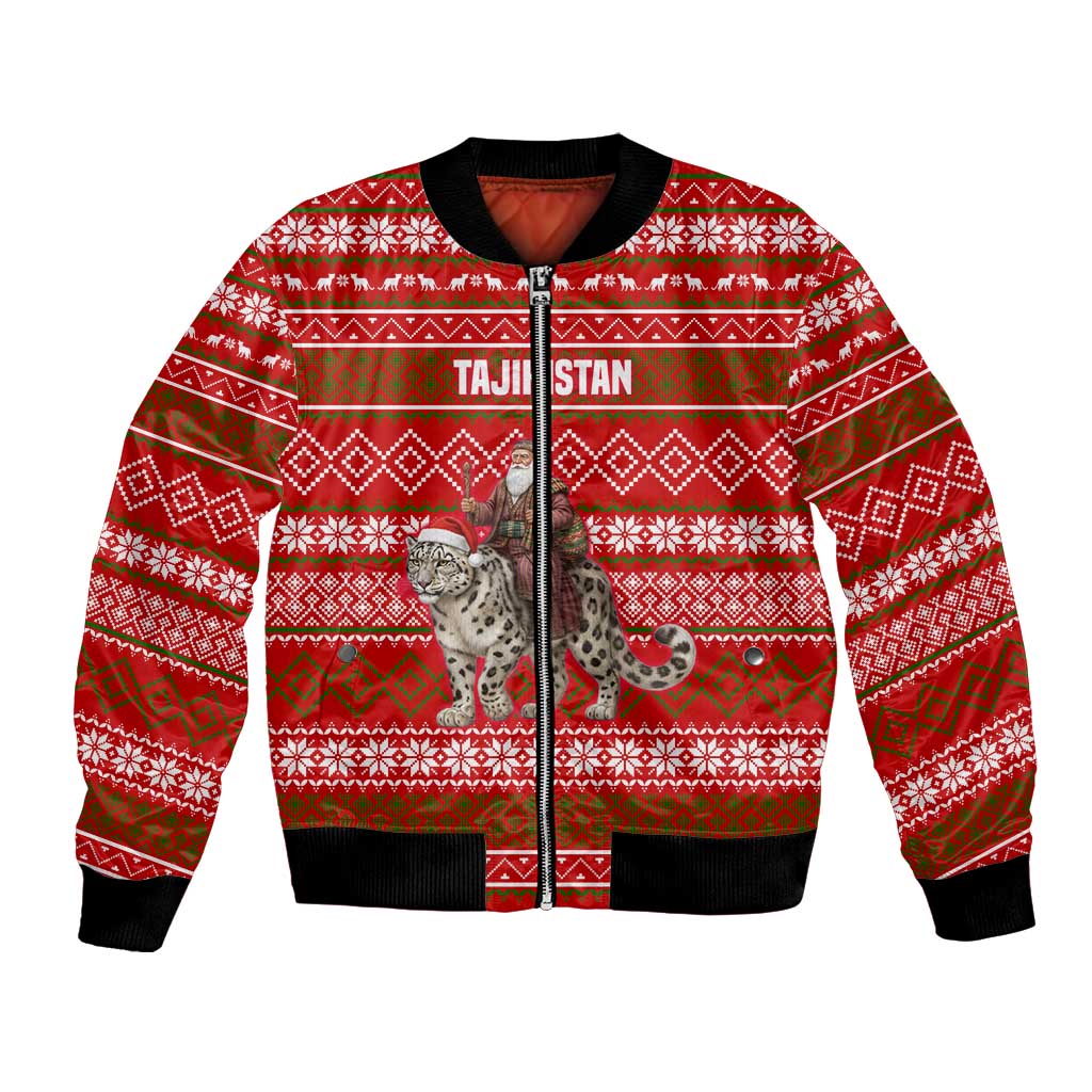 Tajikistan Christmas Bomber Jacket with Santa Riding Snow Leopard National Emblem and Red Holiday Pattern - Wonder Print Shop