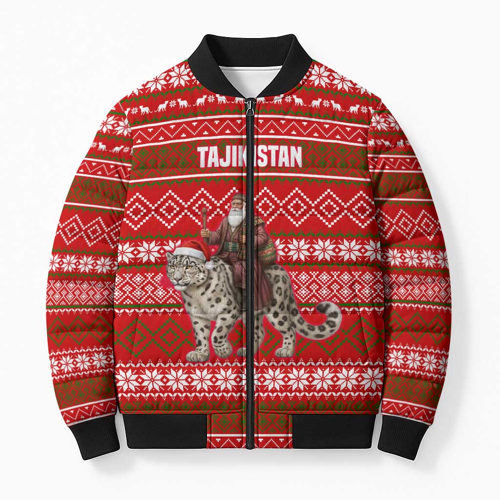 Tajikistan Christmas Bomber Puffer Jacket with Santa Riding Snow Leopard National Emblem and Red Holiday Pattern - Wonder Print Shop