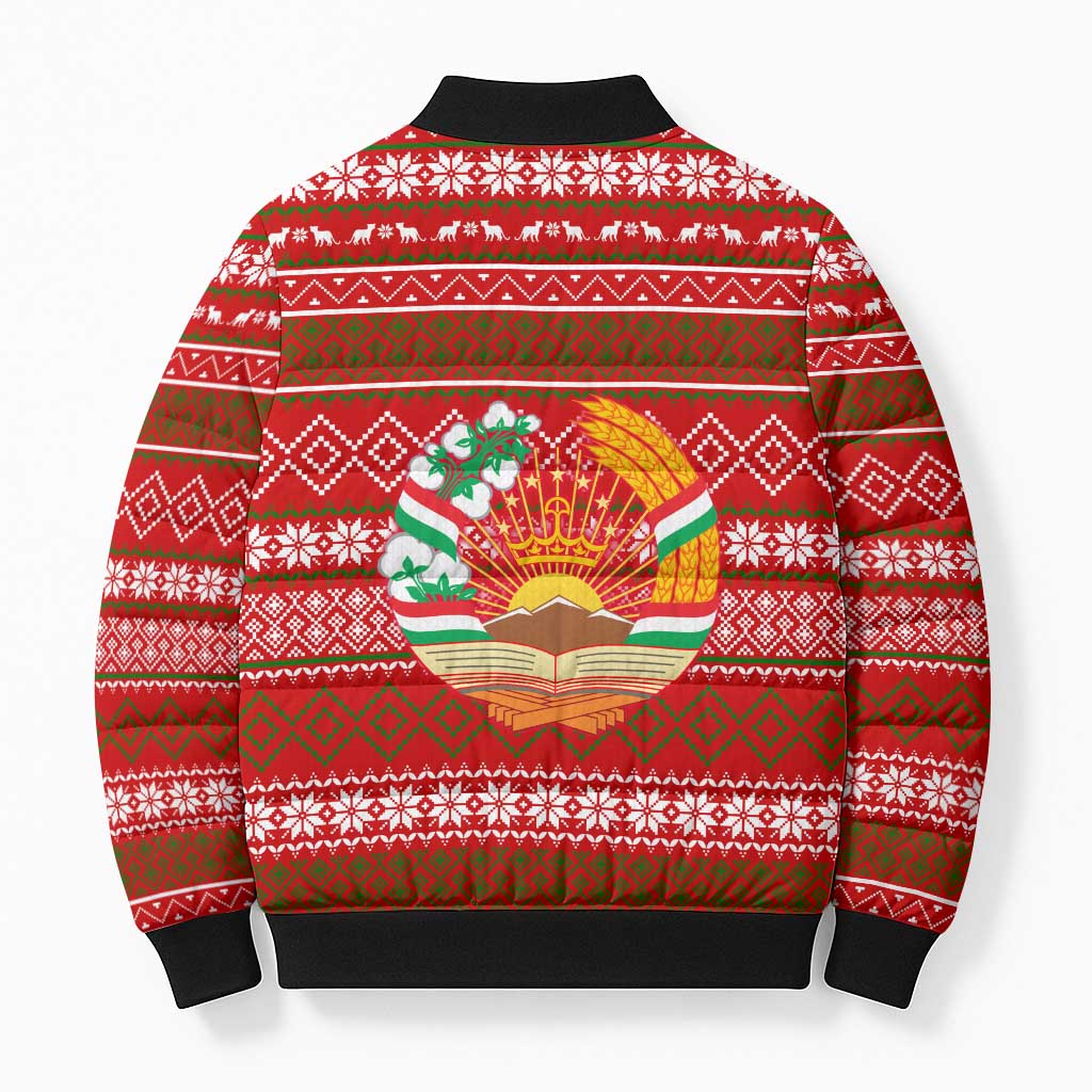 Tajikistan Christmas Bomber Puffer Jacket with Santa Riding Snow Leopard National Emblem and Red Holiday Pattern - Wonder Print Shop