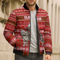Tajikistan Christmas Bomber Puffer Jacket with Santa Riding Snow Leopard National Emblem and Red Holiday Pattern - Wonder Print Shop