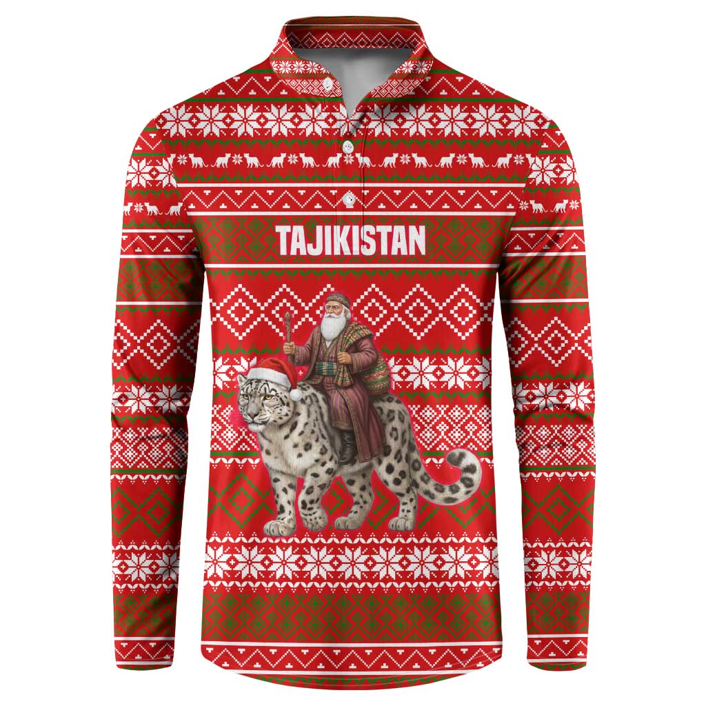 Tajikistan Christmas Button Sweatshirt with Santa Riding Snow Leopard National Emblem and Red Holiday Pattern - Wonder Print Shop