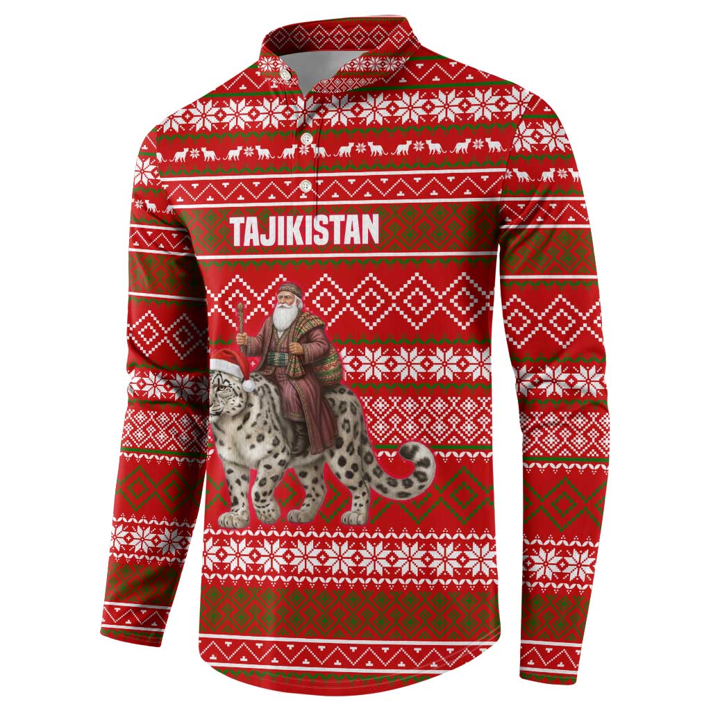Tajikistan Christmas Button Sweatshirt with Santa Riding Snow Leopard National Emblem and Red Holiday Pattern - Wonder Print Shop