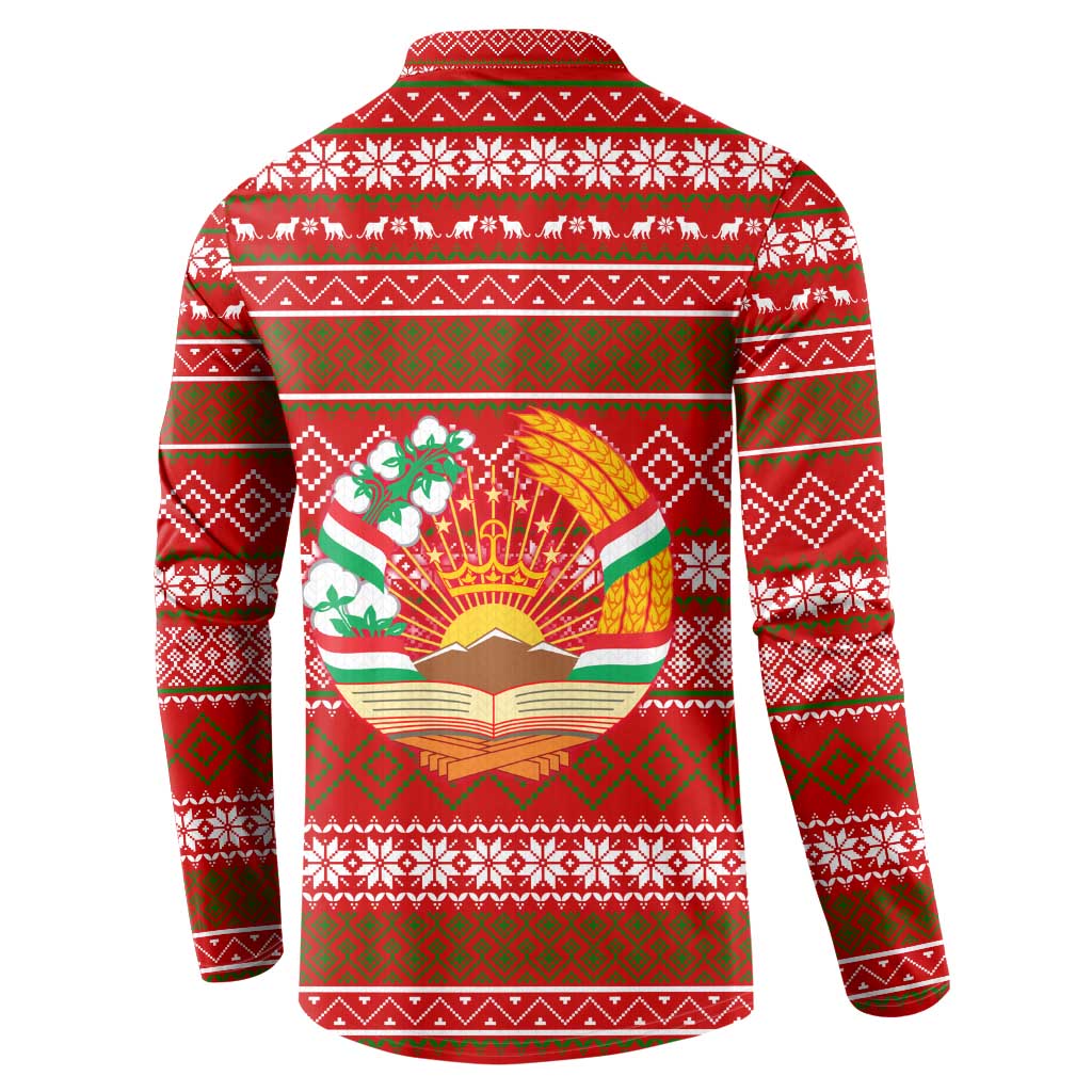 Tajikistan Christmas Button Sweatshirt with Santa Riding Snow Leopard National Emblem and Red Holiday Pattern - Wonder Print Shop