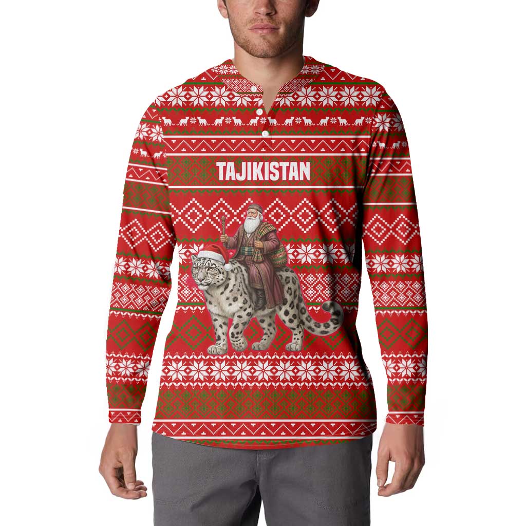 Tajikistan Christmas Button Sweatshirt with Santa Riding Snow Leopard National Emblem and Red Holiday Pattern - Wonder Print Shop