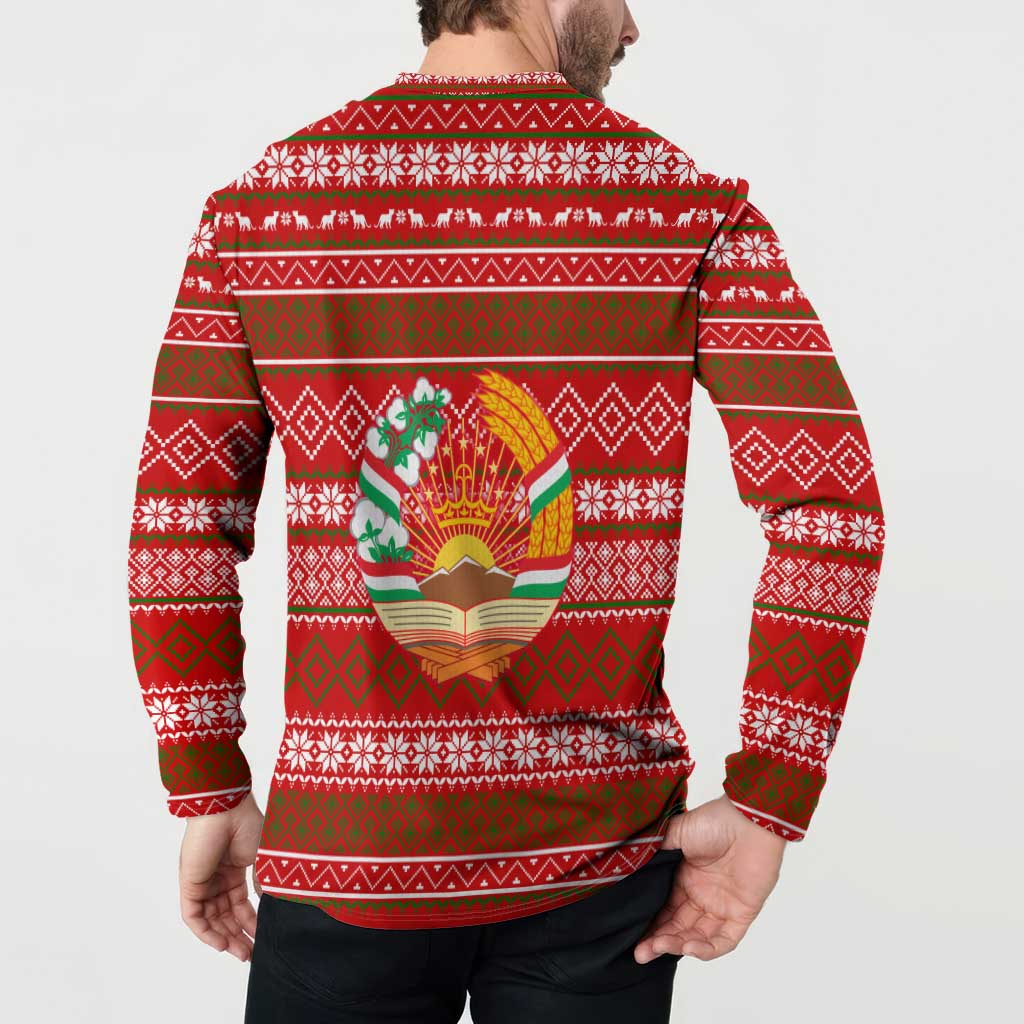 Tajikistan Christmas Button Sweatshirt with Santa Riding Snow Leopard National Emblem and Red Holiday Pattern - Wonder Print Shop