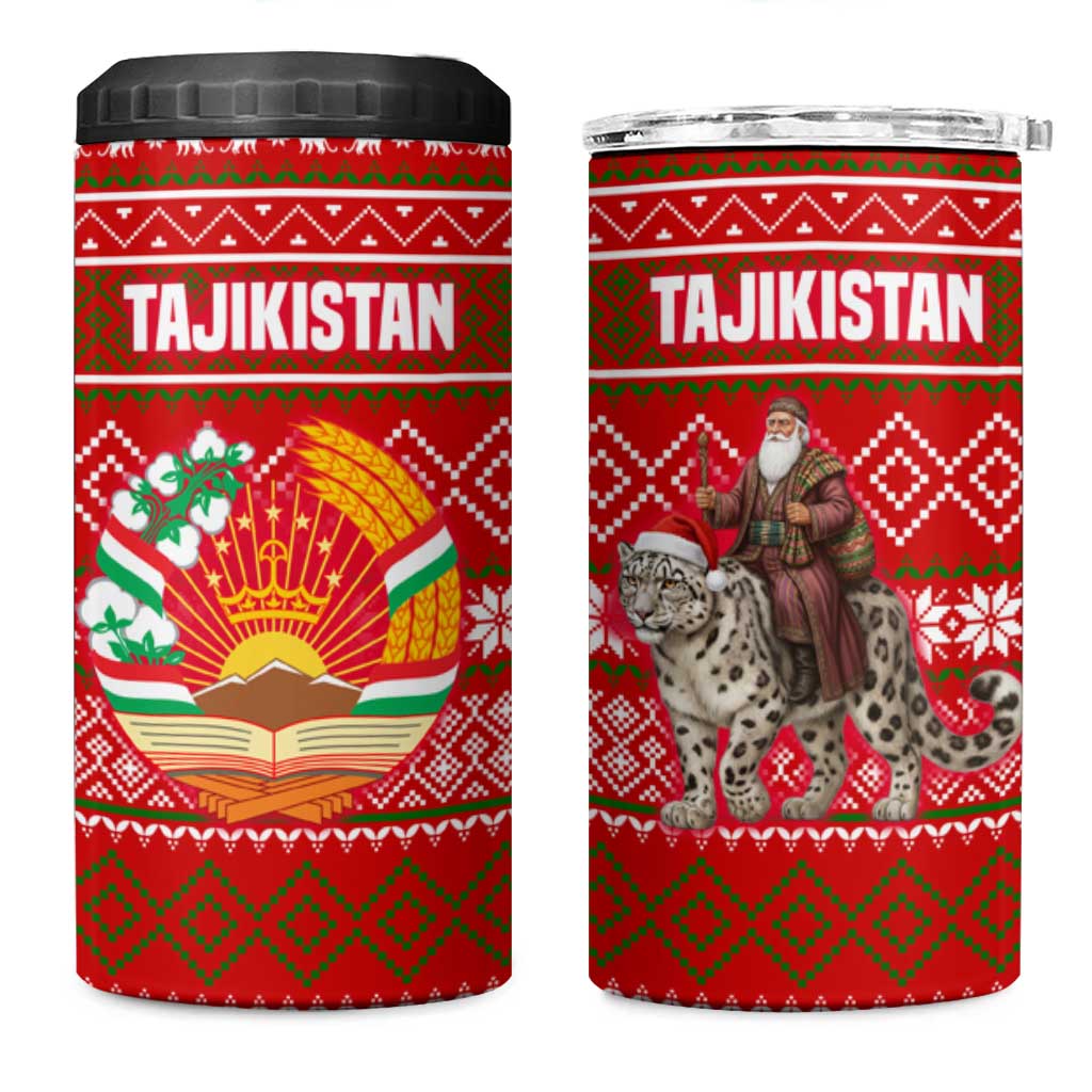 Tajikistan Christmas 4 in 1 Can Cooler Tumbler with Santa Riding Snow Leopard National Emblem and Red Holiday Pattern - Wonder Print Shop