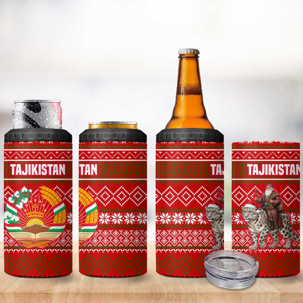 Tajikistan Christmas 4 in 1 Can Cooler Tumbler with Santa Riding Snow Leopard National Emblem and Red Holiday Pattern - Wonder Print Shop