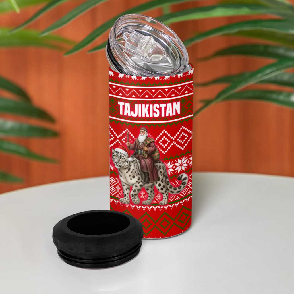 Tajikistan Christmas 4 in 1 Can Cooler Tumbler with Santa Riding Snow Leopard National Emblem and Red Holiday Pattern - Wonder Print Shop