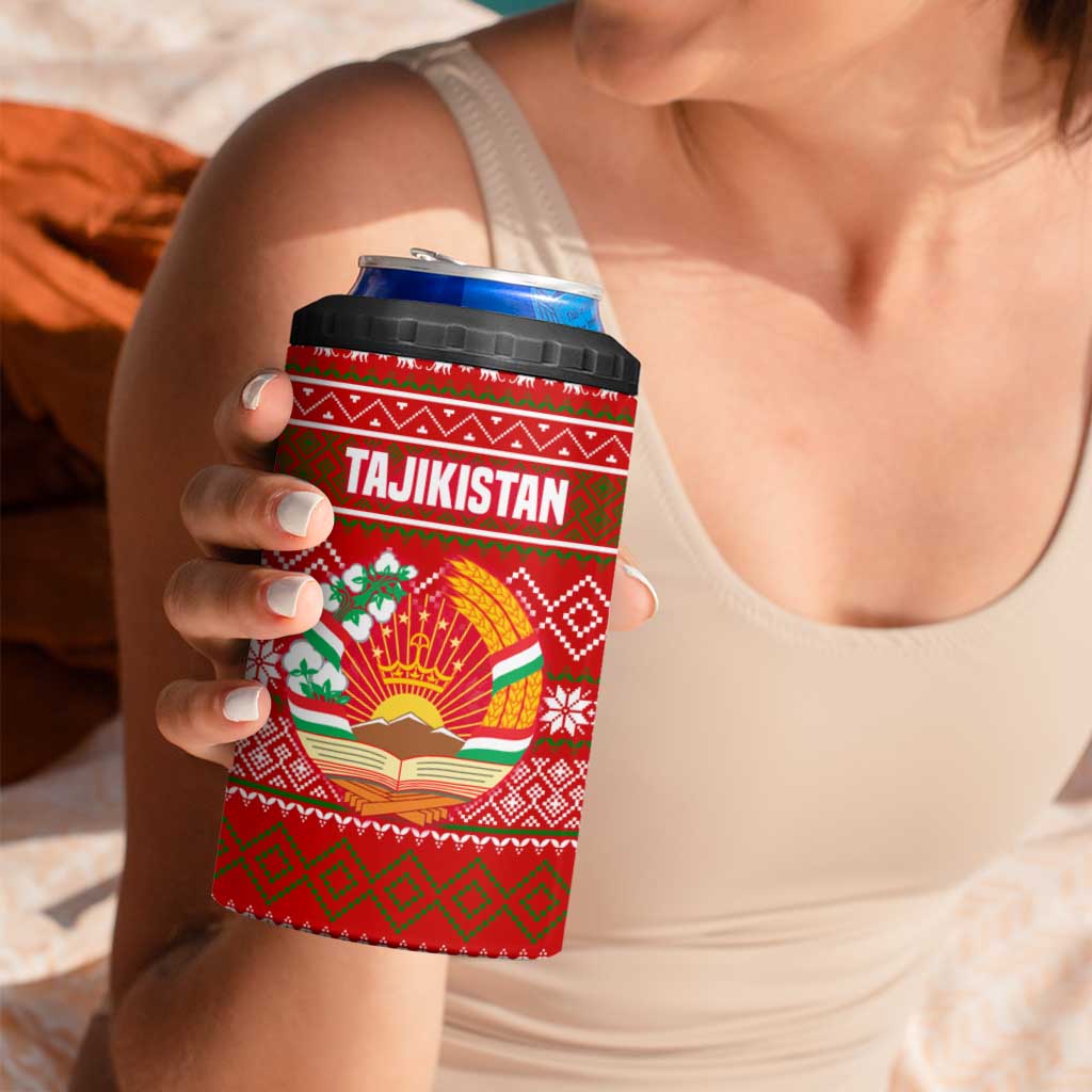 Tajikistan Christmas 4 in 1 Can Cooler Tumbler with Santa Riding Snow Leopard National Emblem and Red Holiday Pattern - Wonder Print Shop