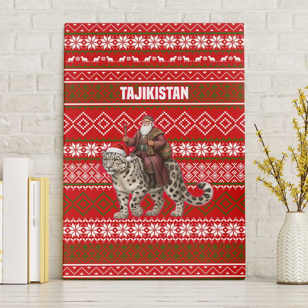 Tajikistan Christmas Canvas Wall Art with Santa Riding Snow Leopard National Emblem and Red Holiday Pattern - Wonder Print Shop