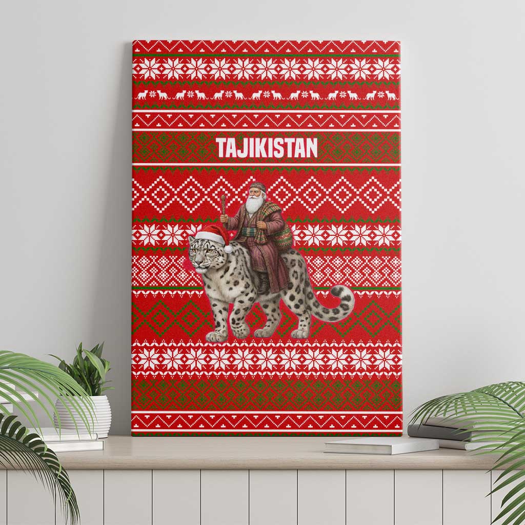 Tajikistan Christmas Canvas Wall Art with Santa Riding Snow Leopard National Emblem and Red Holiday Pattern - Wonder Print Shop