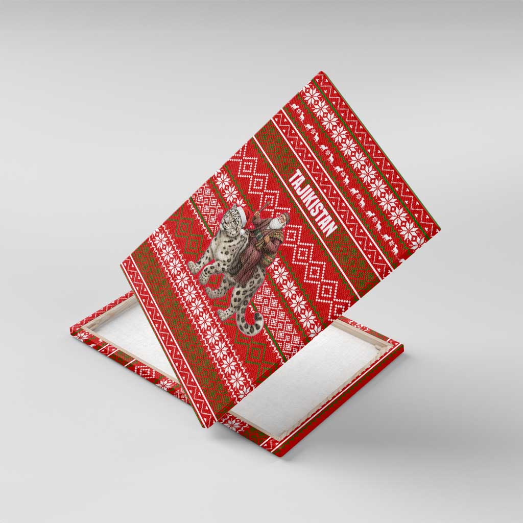 Tajikistan Christmas Canvas Wall Art with Santa Riding Snow Leopard National Emblem and Red Holiday Pattern - Wonder Print Shop