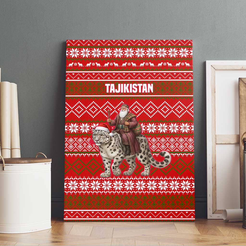 Tajikistan Christmas Canvas Wall Art with Santa Riding Snow Leopard National Emblem and Red Holiday Pattern - Wonder Print Shop