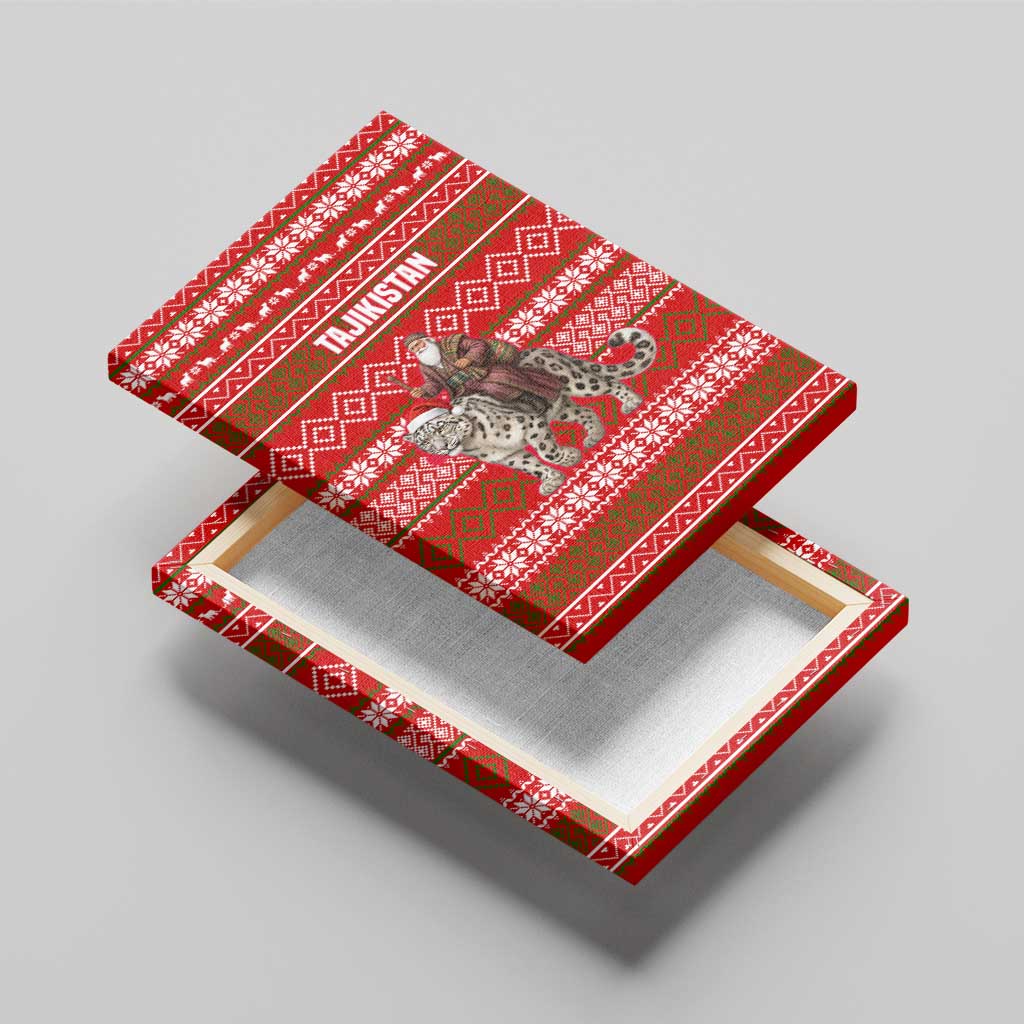 Tajikistan Christmas Canvas Wall Art with Santa Riding Snow Leopard National Emblem and Red Holiday Pattern - Wonder Print Shop