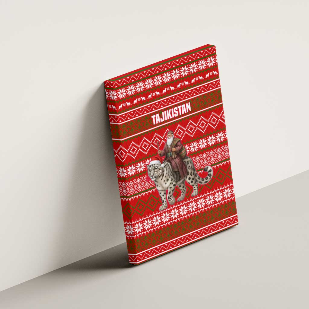Tajikistan Christmas Canvas Wall Art with Santa Riding Snow Leopard National Emblem and Red Holiday Pattern - Wonder Print Shop