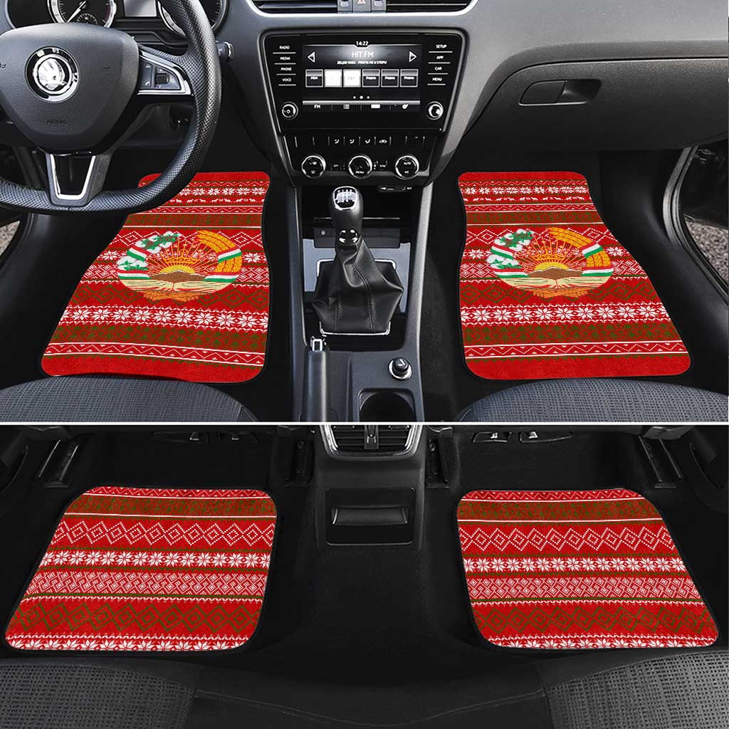Tajikistan Christmas Car Mats with Santa Riding Snow Leopard National Emblem and Red Holiday Pattern - Wonder Print Shop