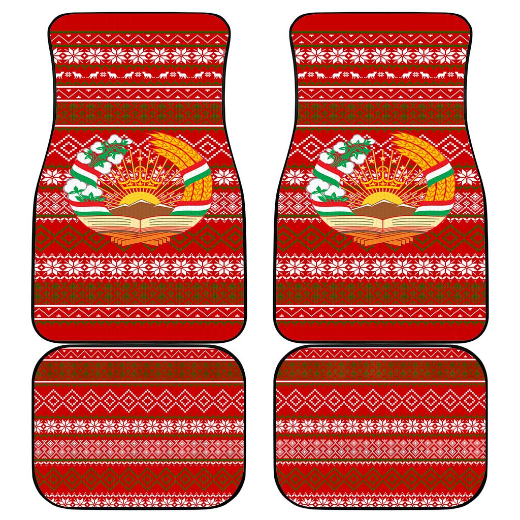 Tajikistan Christmas Car Mats with Santa Riding Snow Leopard National Emblem and Red Holiday Pattern - Wonder Print Shop