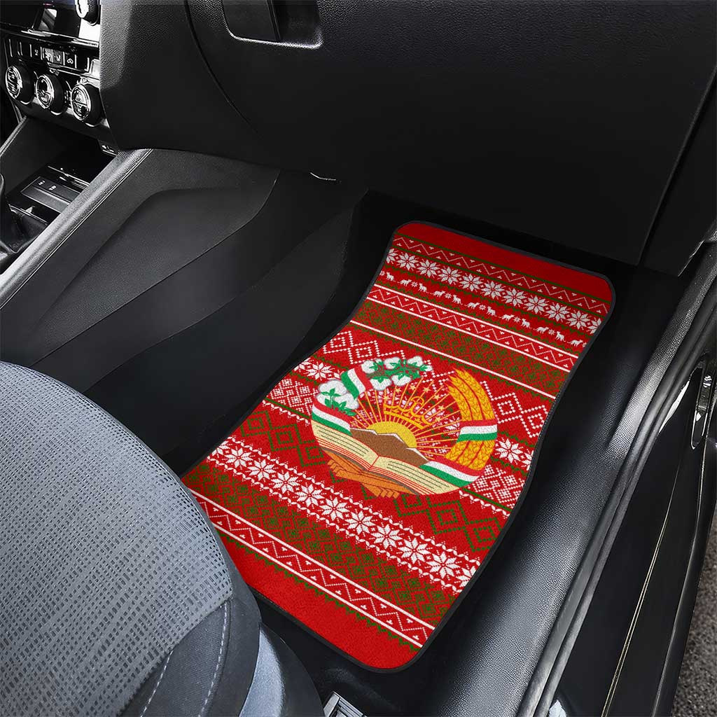 Tajikistan Christmas Car Mats with Santa Riding Snow Leopard National Emblem and Red Holiday Pattern - Wonder Print Shop