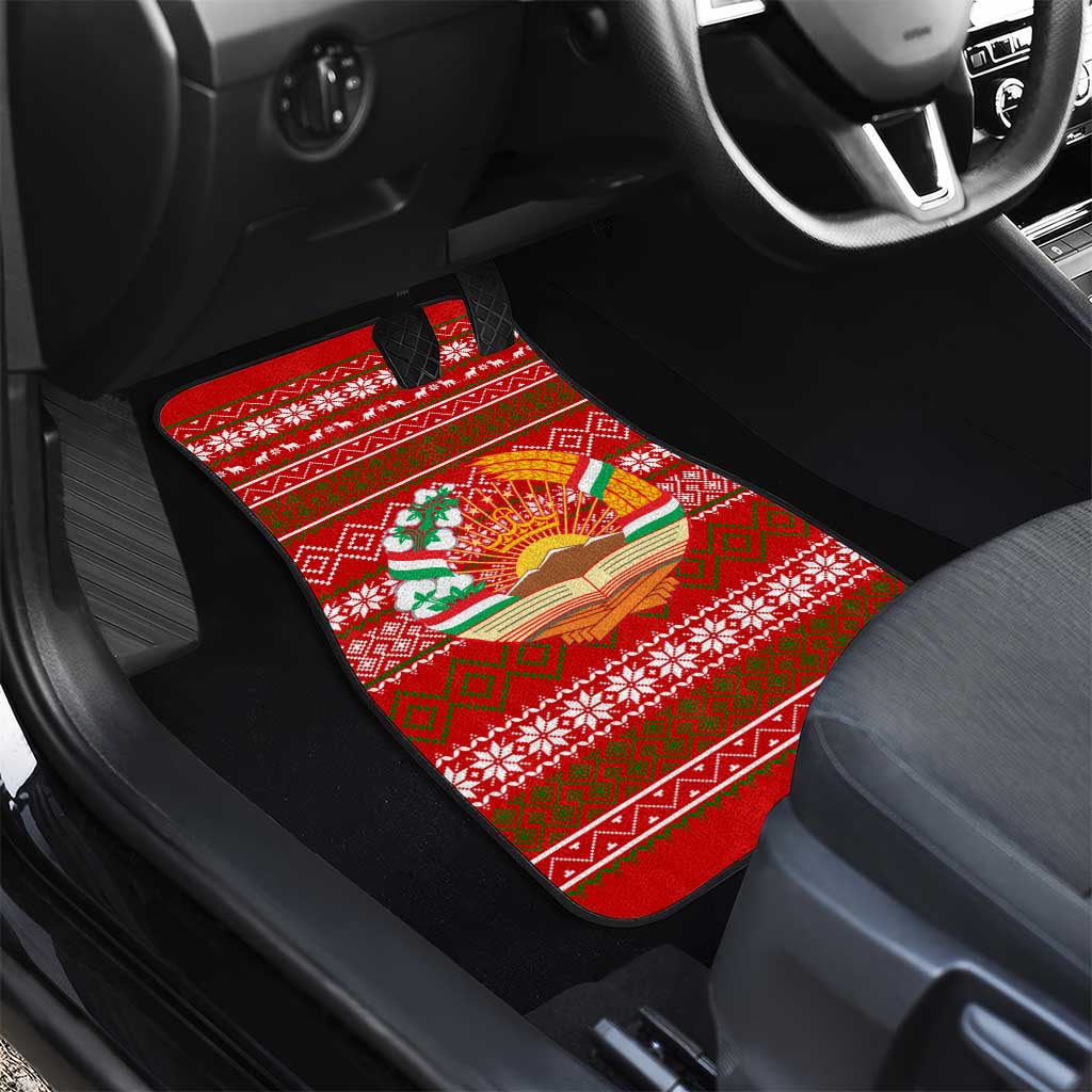 Tajikistan Christmas Car Mats with Santa Riding Snow Leopard National Emblem and Red Holiday Pattern - Wonder Print Shop