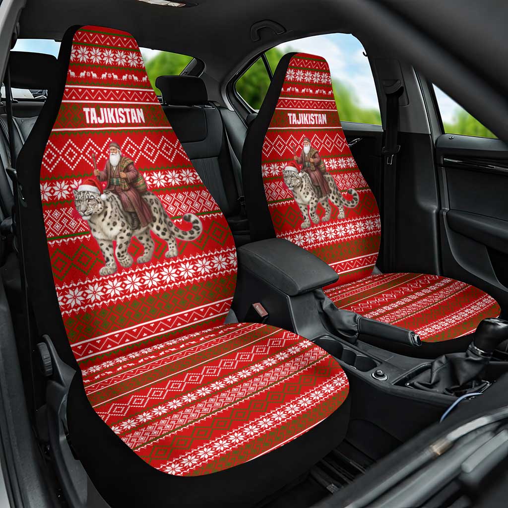 Tajikistan Christmas Car Seat Cover with Santa Riding Snow Leopard National Emblem and Red Holiday Pattern - Wonder Print Shop
