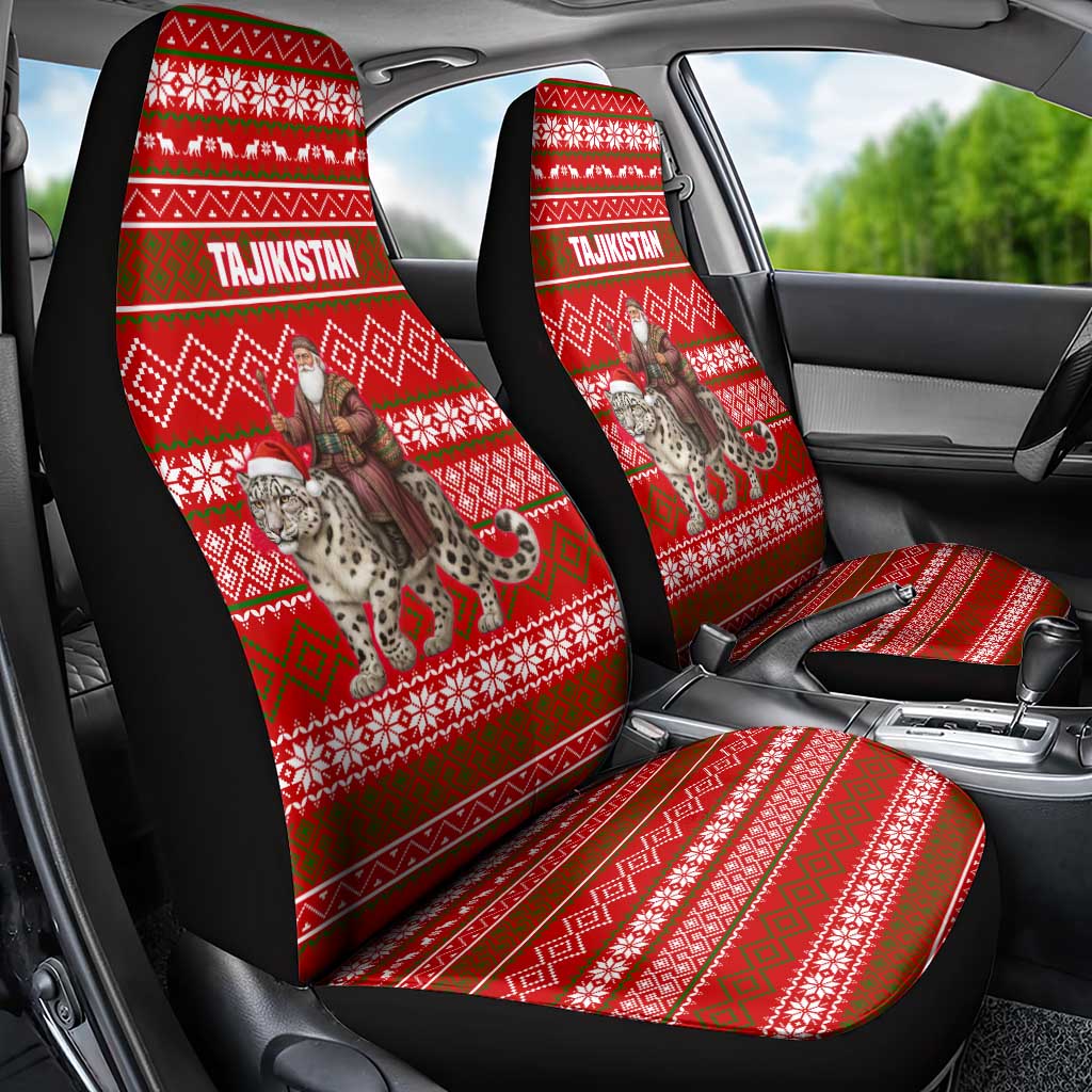 Tajikistan Christmas Car Seat Cover with Santa Riding Snow Leopard National Emblem and Red Holiday Pattern - Wonder Print Shop