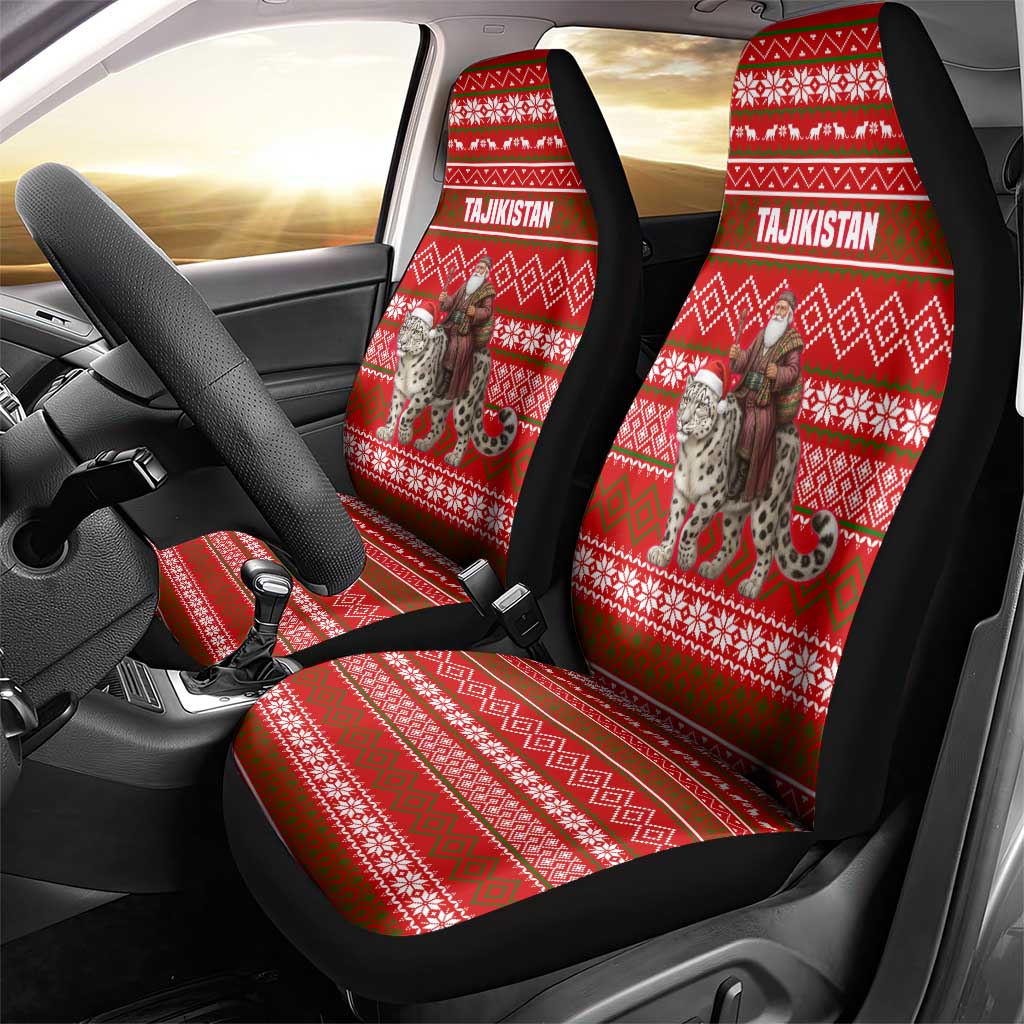 Tajikistan Christmas Car Seat Cover with Santa Riding Snow Leopard National Emblem and Red Holiday Pattern - Wonder Print Shop