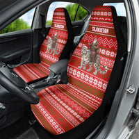 Tajikistan Christmas Car Seat Cover with Santa Riding Snow Leopard National Emblem and Red Holiday Pattern - Wonder Print Shop