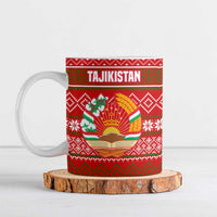 Tajikistan Christmas Ceramic Mug with Santa Riding Snow Leopard National Emblem and Red Holiday Pattern - Wonder Print Shop