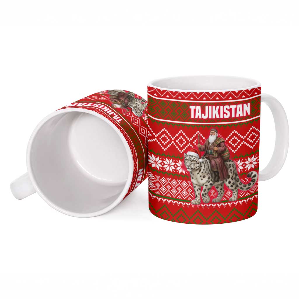 Tajikistan Christmas Ceramic Mug with Santa Riding Snow Leopard National Emblem and Red Holiday Pattern - Wonder Print Shop