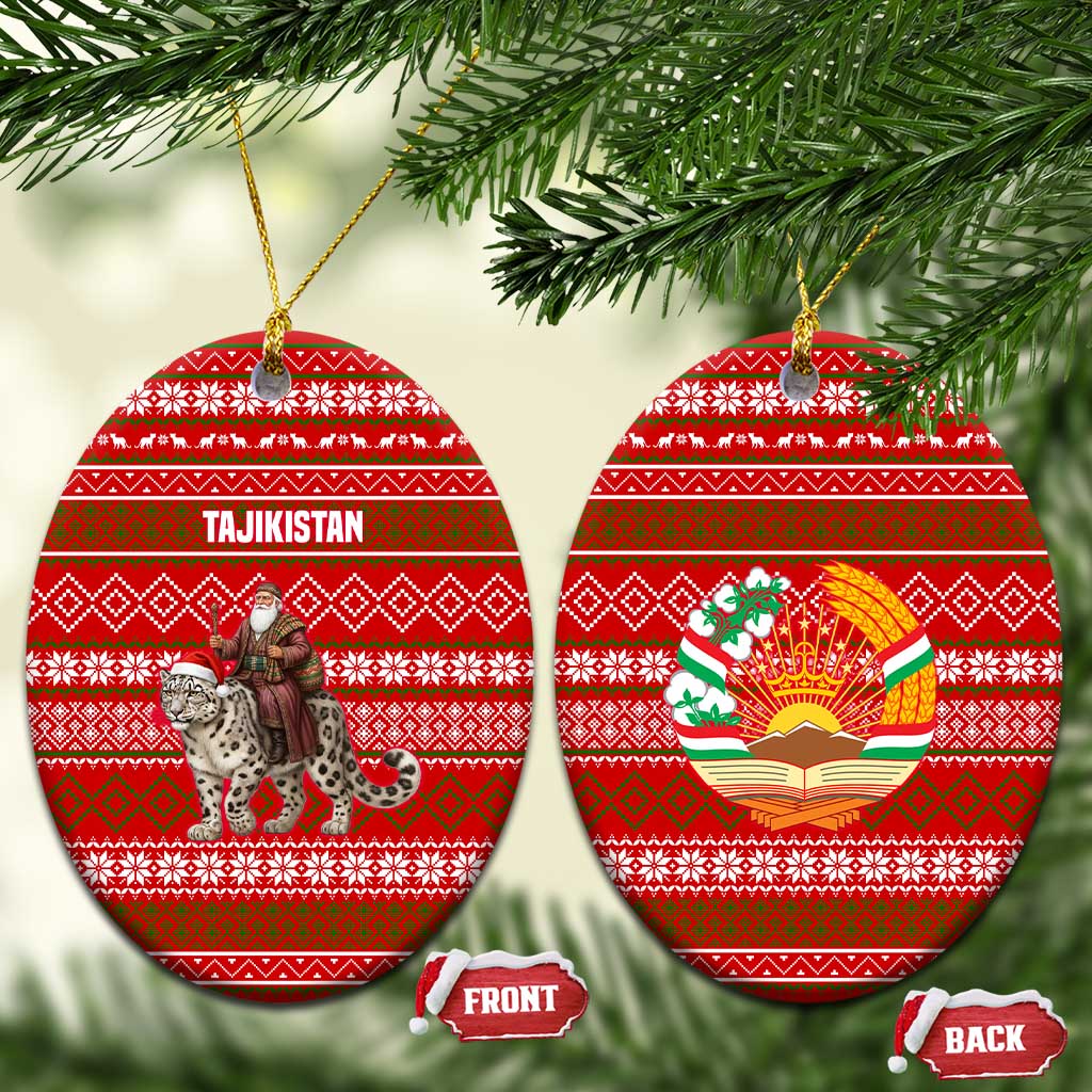 Tajikistan Christmas Ceramic Ornament with Santa Riding Snow Leopard National Emblem and Red Holiday Pattern - Wonder Print Shop