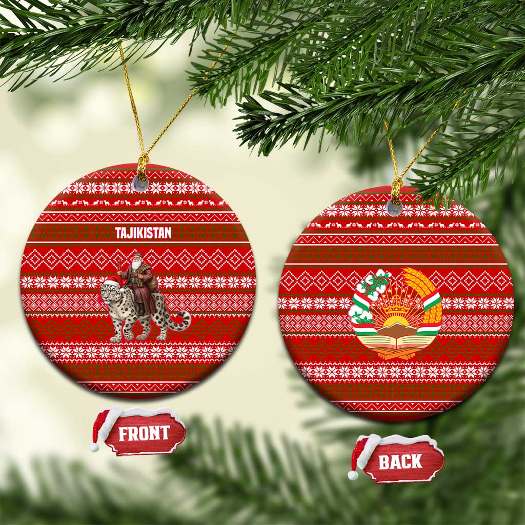 Tajikistan Christmas Ceramic Ornament with Santa Riding Snow Leopard National Emblem and Red Holiday Pattern - Wonder Print Shop
