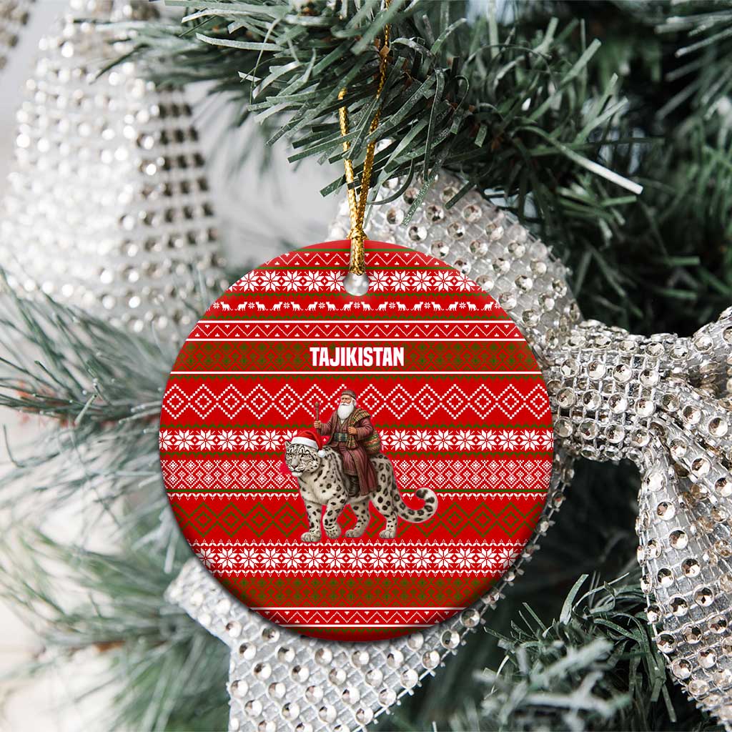 Tajikistan Christmas Ceramic Ornament with Santa Riding Snow Leopard National Emblem and Red Holiday Pattern - Wonder Print Shop