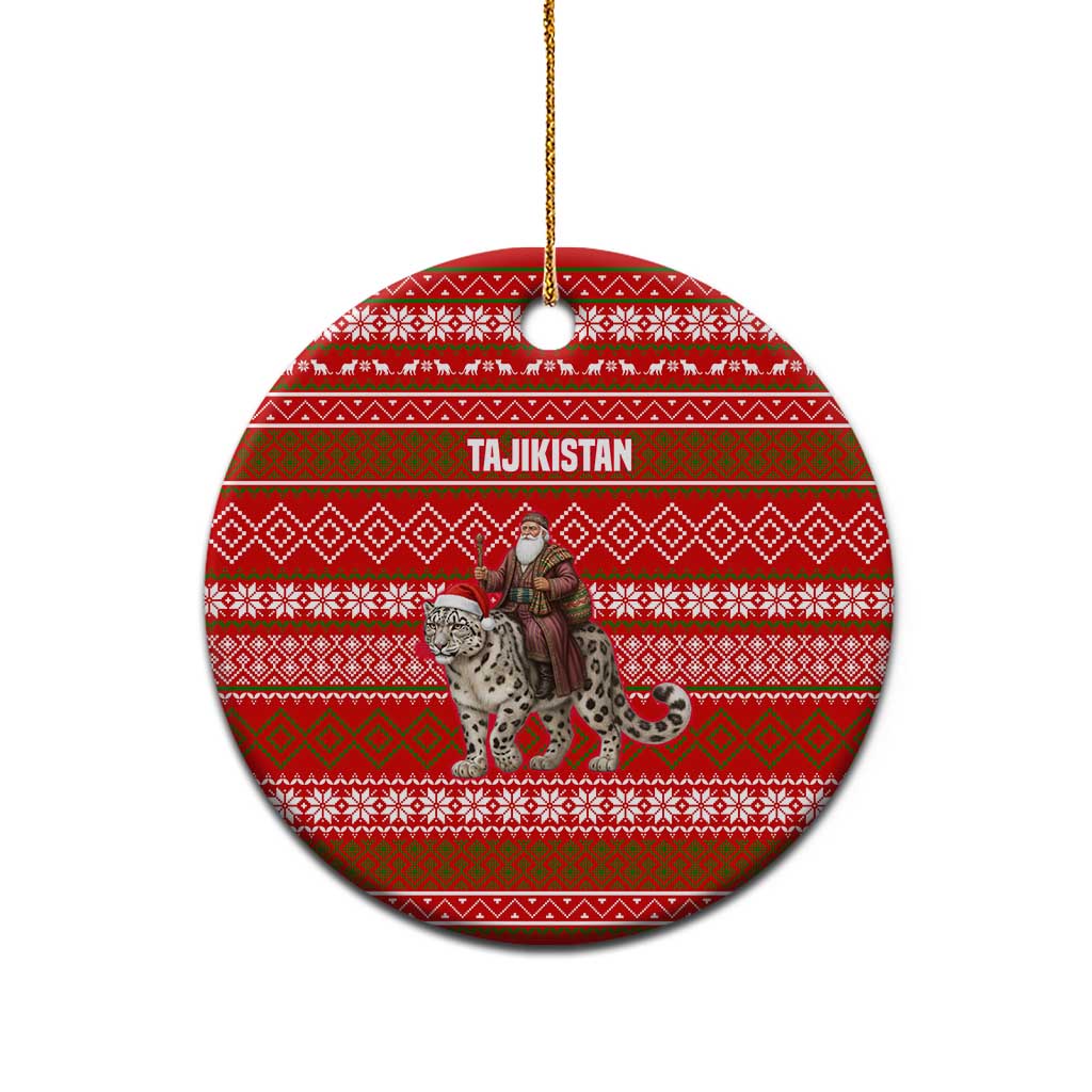Tajikistan Christmas Ceramic Ornament with Santa Riding Snow Leopard National Emblem and Red Holiday Pattern - Wonder Print Shop