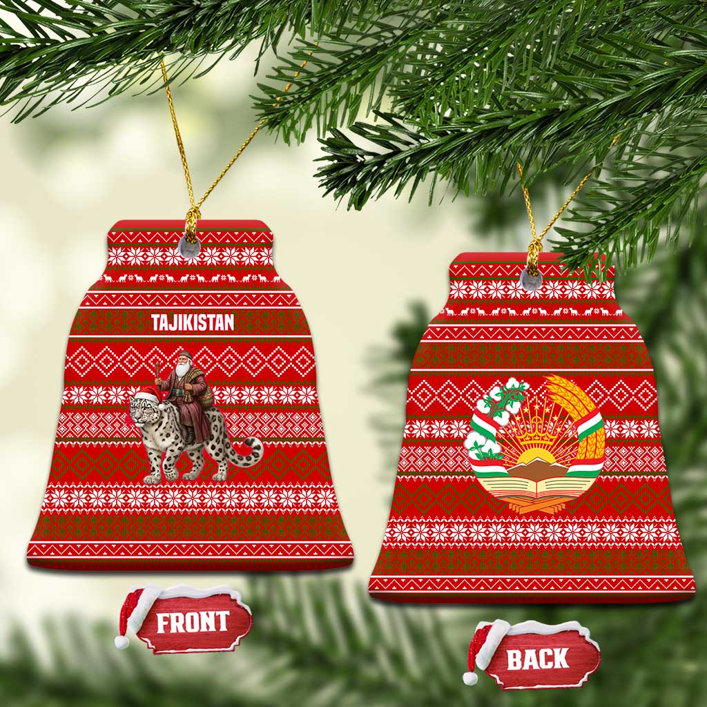 Tajikistan Christmas Ceramic Ornament with Santa Riding Snow Leopard National Emblem and Red Holiday Pattern - Wonder Print Shop