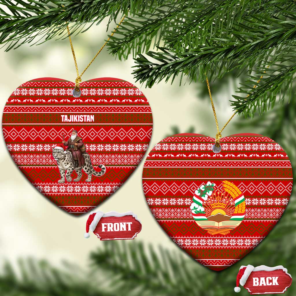 Tajikistan Christmas Ceramic Ornament with Santa Riding Snow Leopard National Emblem and Red Holiday Pattern - Wonder Print Shop