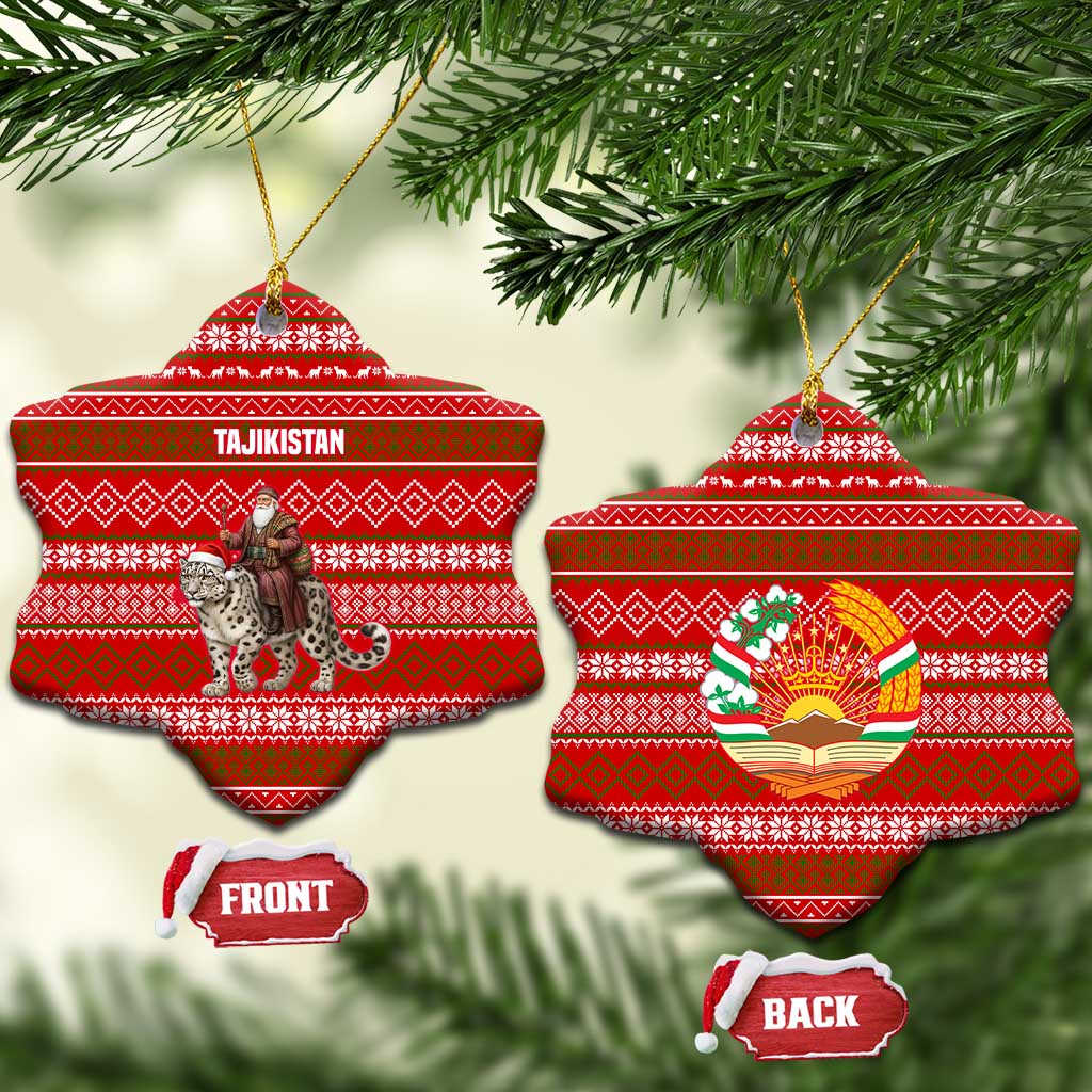 Tajikistan Christmas Ceramic Ornament with Santa Riding Snow Leopard National Emblem and Red Holiday Pattern - Wonder Print Shop
