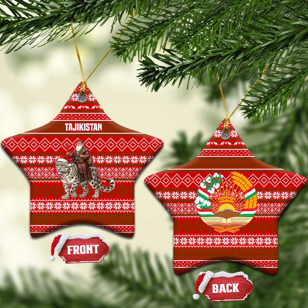 Tajikistan Christmas Ceramic Ornament with Santa Riding Snow Leopard National Emblem and Red Holiday Pattern - Wonder Print Shop