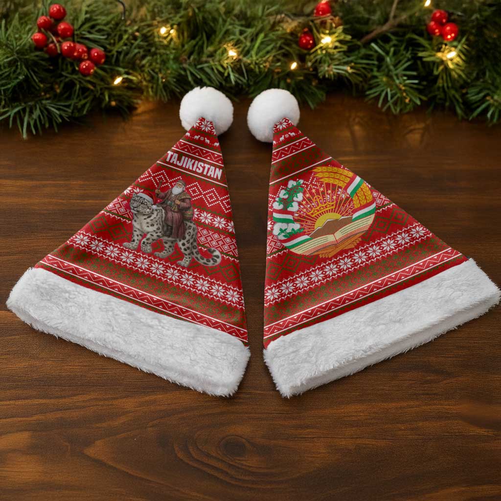 Tajikistan Christmas Santa Hat with Santa Riding Snow Leopard National Emblem and Red Holiday Pattern - Wonder Print Shop