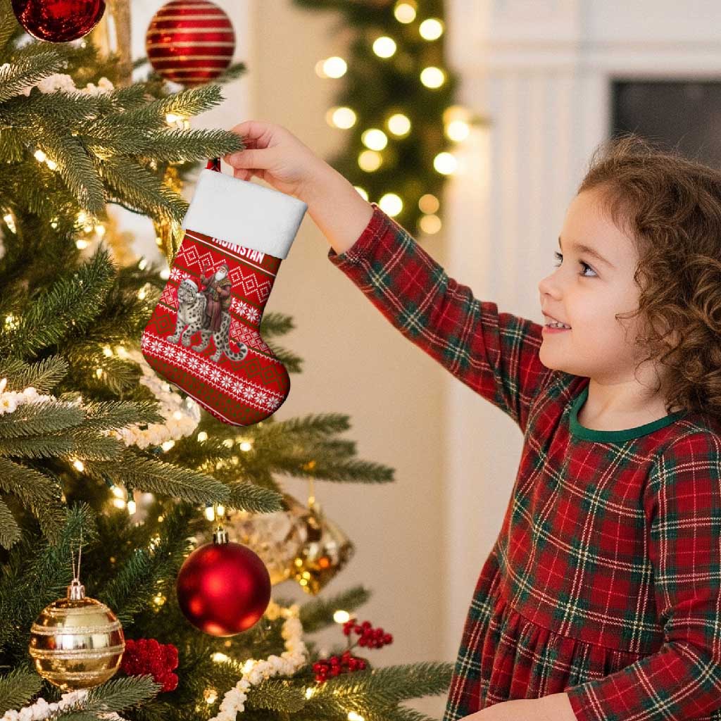 Tajikistan Christmas Stocking with Santa Riding Snow Leopard National Emblem and Red Holiday Pattern - Wonder Print Shop