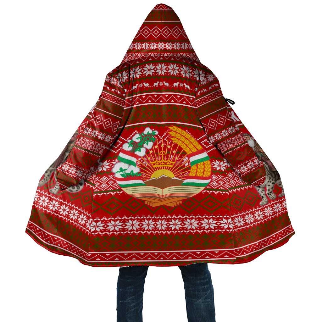 Tajikistan Christmas Cloak with Santa Riding Snow Leopard National Emblem and Red Holiday Pattern - Wonder Print Shop