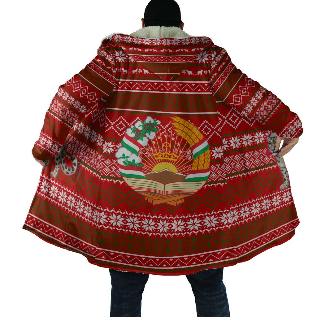 Tajikistan Christmas Cloak with Santa Riding Snow Leopard National Emblem and Red Holiday Pattern - Wonder Print Shop