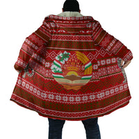 Tajikistan Christmas Cloak with Santa Riding Snow Leopard National Emblem and Red Holiday Pattern - Wonder Print Shop