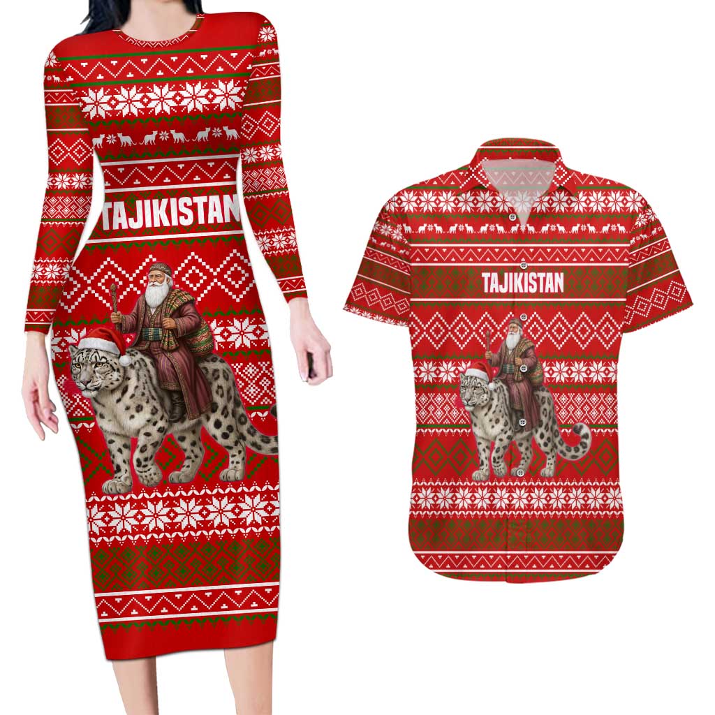 Tajikistan Christmas Couples Matching Long Sleeve Bodycon Dress and Hawaiian Shirt with Santa Riding Snow Leopard National Emblem and Red Holiday Pattern - Wonder Print Shop