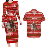 Tajikistan Christmas Couples Matching Long Sleeve Bodycon Dress and Hawaiian Shirt with Santa Riding Snow Leopard National Emblem and Red Holiday Pattern - Wonder Print Shop