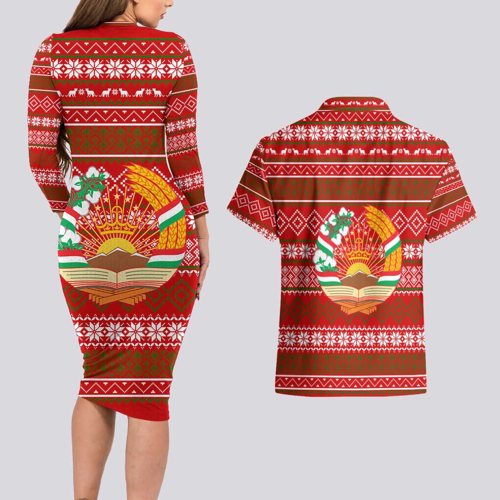 Tajikistan Christmas Couples Matching Long Sleeve Bodycon Dress and Hawaiian Shirt with Santa Riding Snow Leopard National Emblem and Red Holiday Pattern - Wonder Print Shop
