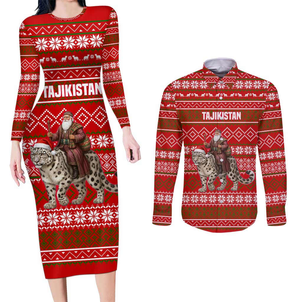 Tajikistan Christmas Couples Matching Long Sleeve Bodycon Dress and Long Sleeve Button Shirt with Santa Riding Snow Leopard National Emblem and Red Holiday Pattern - Wonder Print Shop