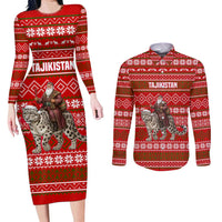 Tajikistan Christmas Couples Matching Long Sleeve Bodycon Dress and Long Sleeve Button Shirt with Santa Riding Snow Leopard National Emblem and Red Holiday Pattern - Wonder Print Shop