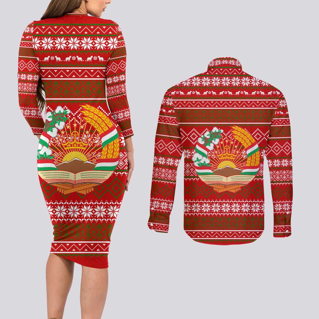 Tajikistan Christmas Couples Matching Long Sleeve Bodycon Dress and Long Sleeve Button Shirt with Santa Riding Snow Leopard National Emblem and Red Holiday Pattern - Wonder Print Shop
