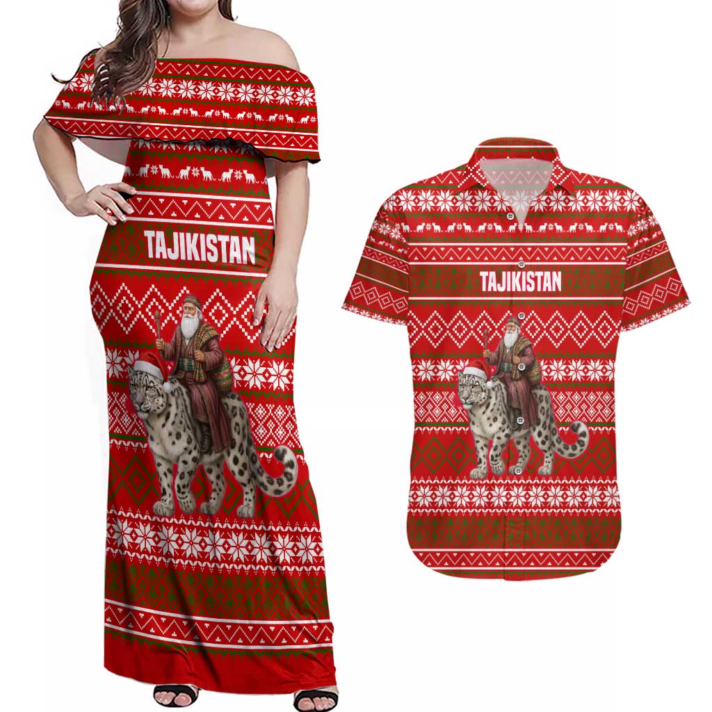 Tajikistan Christmas Couples Matching Off Shoulder Maxi Dress and Hawaiian Shirt with Santa Riding Snow Leopard National Emblem and Red Holiday Pattern - Wonder Print Shop