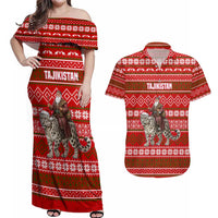 Tajikistan Christmas Couples Matching Off Shoulder Maxi Dress and Hawaiian Shirt with Santa Riding Snow Leopard National Emblem and Red Holiday Pattern - Wonder Print Shop